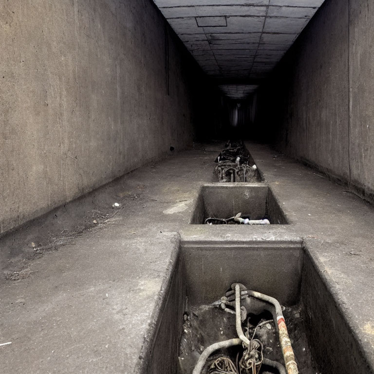 Dark Concrete Tunnel with Metal Drainage Channels