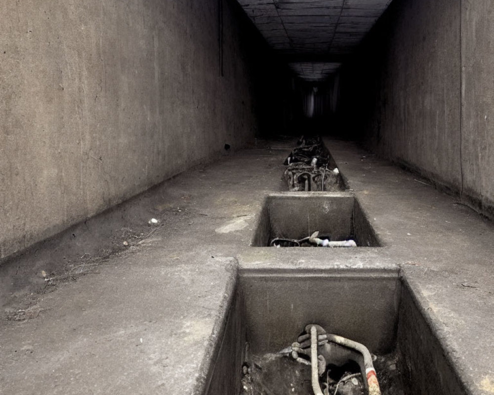 Dark Concrete Tunnel with Metal Drainage Channels