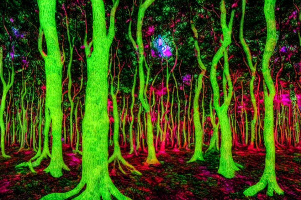 Vivid neon-lit forest with bright green and pink trees at night