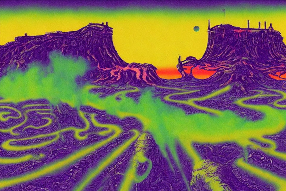 Vivid Purple and Yellow Psychedelic Landscape with Alien Sunset