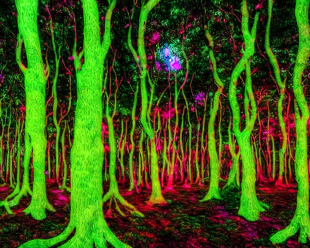 Vivid neon-lit forest with bright green and pink trees at night