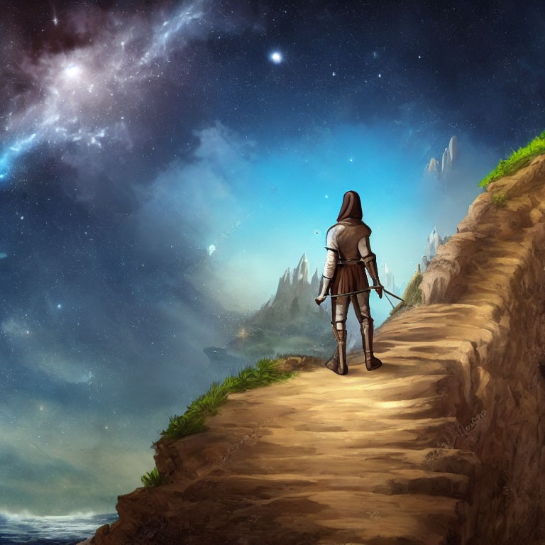 Knight in Armor Contemplating Starry Sky on Cliffside Path