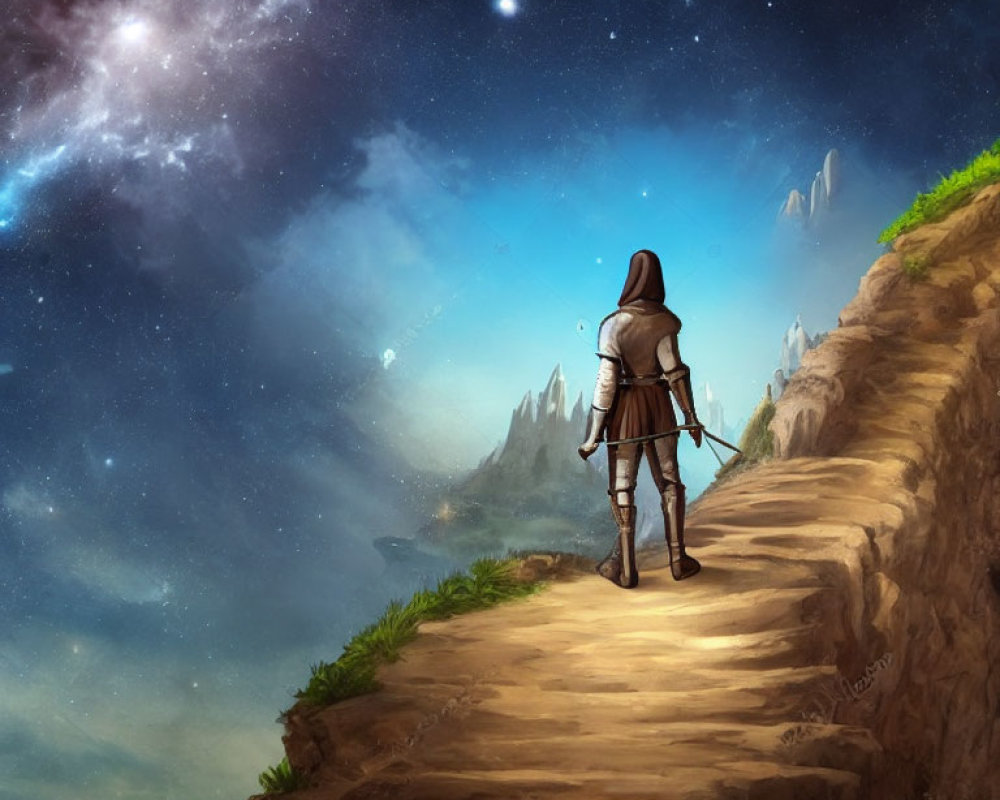 Knight in Armor Contemplating Starry Sky on Cliffside Path