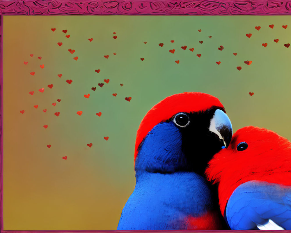 Colorful Parrots Kissing in Heart Background with Purple Frame