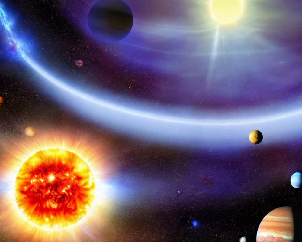 Colorful space scene with sun, planets, galaxy arc, and bright star