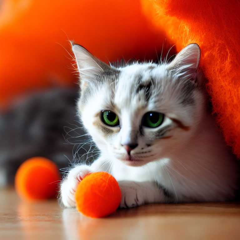 White Kitten with Grey Spots and Green Eyes Next to Orange Fluffy Object