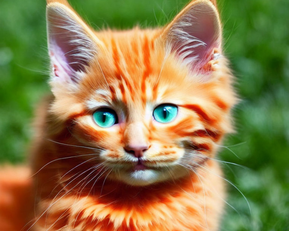 Orange Tabby Kitten with Blue Eyes and Fluffy Fur on Green Background