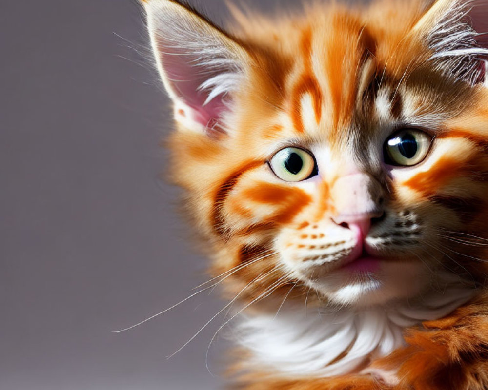 Orange Tabby Kitten with Green Eyes and Tufted Ears on Gray Background