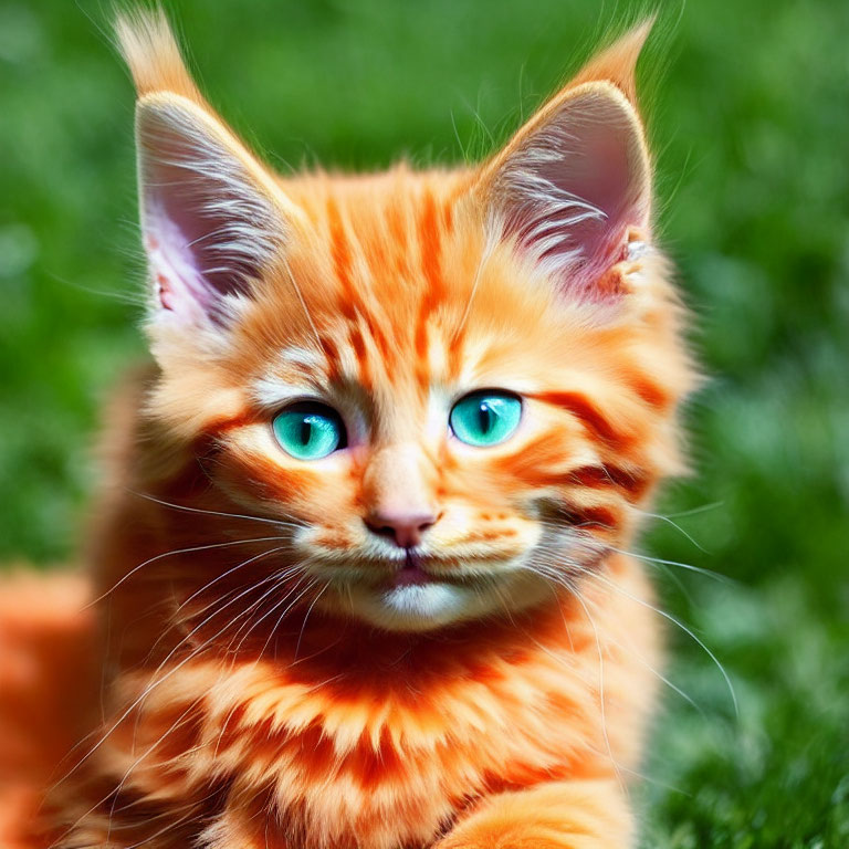 Orange Tabby Kitten with Blue Eyes and Fluffy Fur on Green Background