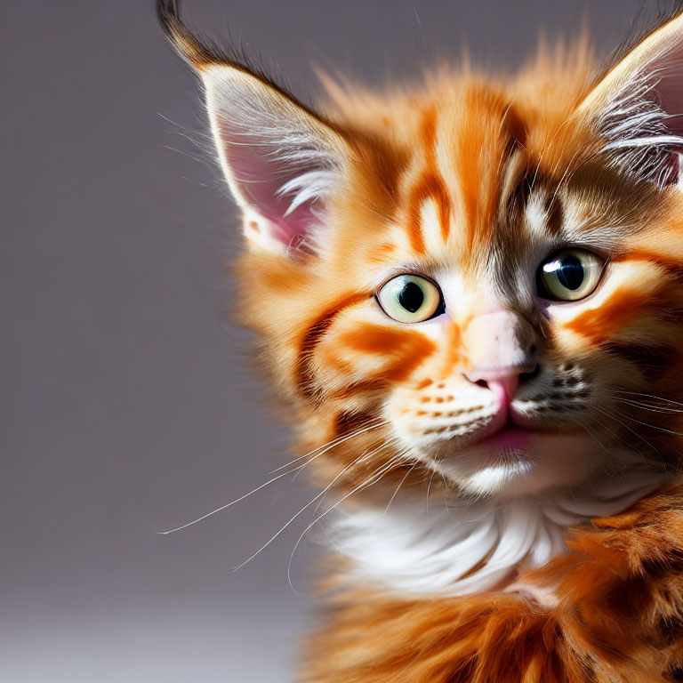 Orange Tabby Kitten with Green Eyes and Tufted Ears on Gray Background