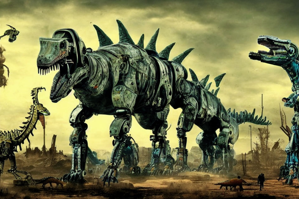 Dystopian landscape with intricate mechanical dinosaurs in murky backdrop