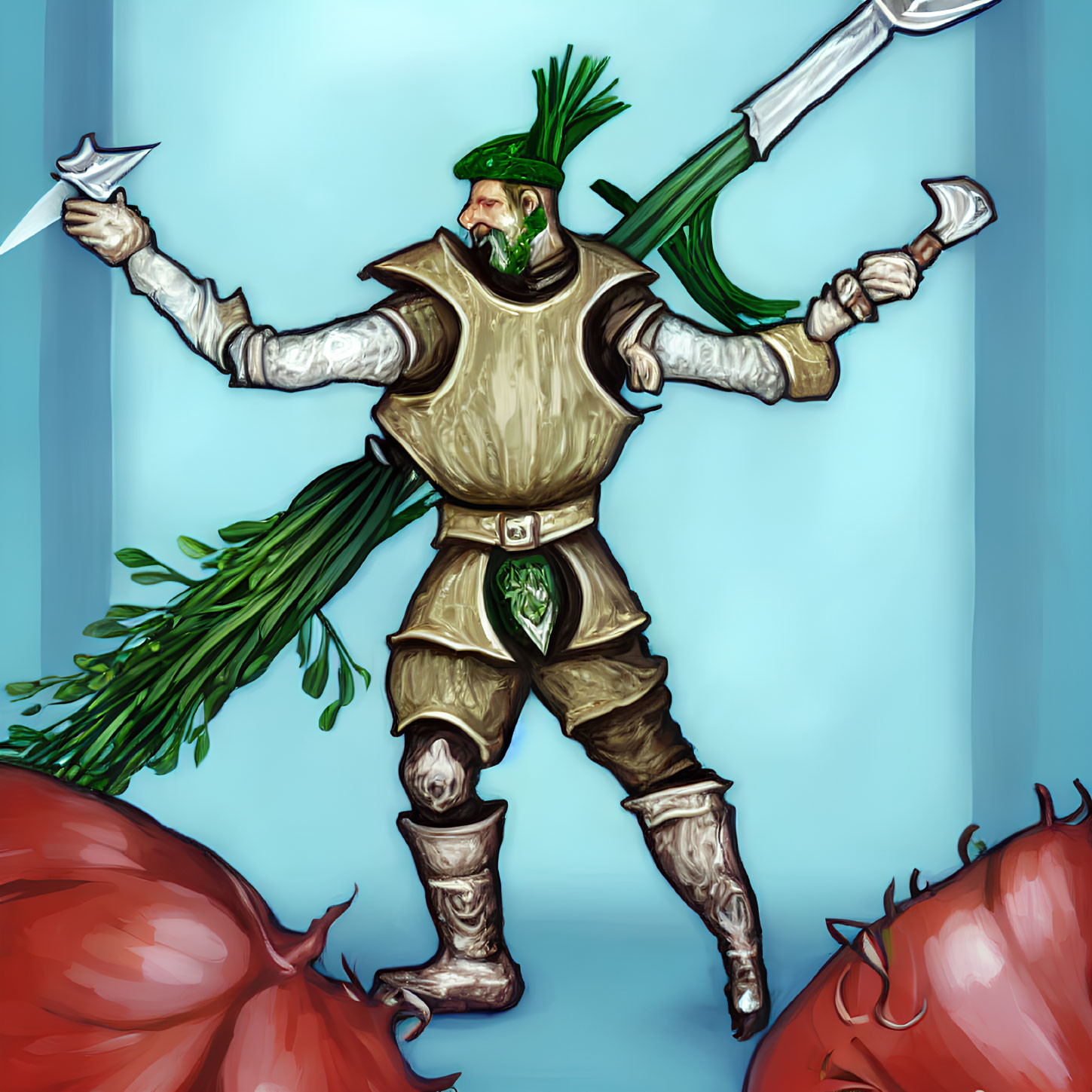 Fantasy knight in armor with green onion motifs and swords illustration