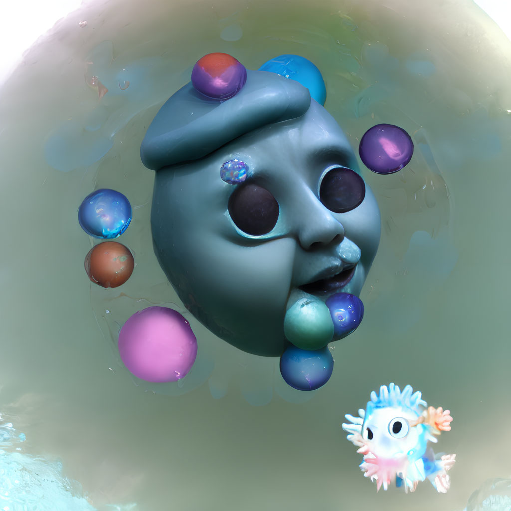 Surreal 3D face with calm expression, colorful bubbles, and cartoonish creature.