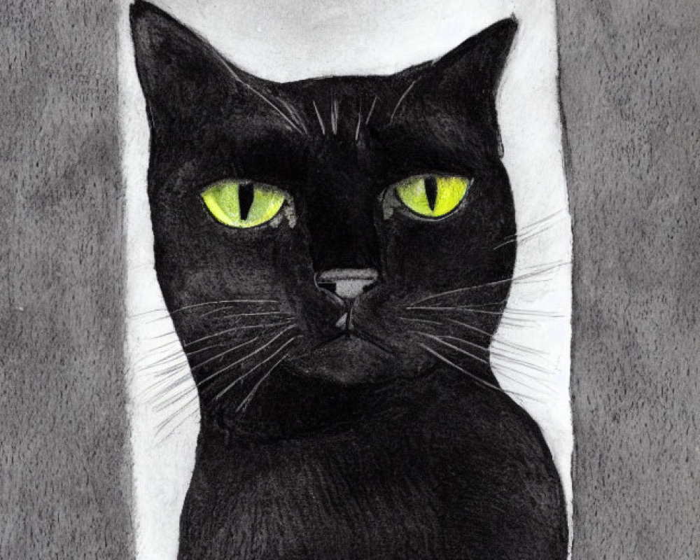 Detailed Hand-Drawn Black Cat with Green Eyes on Grey Background