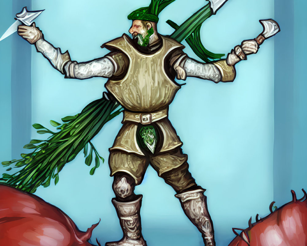 Fantasy knight in armor with green onion motifs and swords illustration