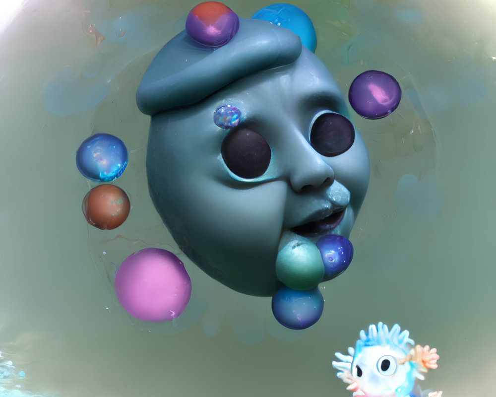 Surreal 3D face with calm expression, colorful bubbles, and cartoonish creature.