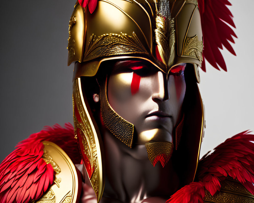 Regal warrior with gilded helmet and red feathered shoulders