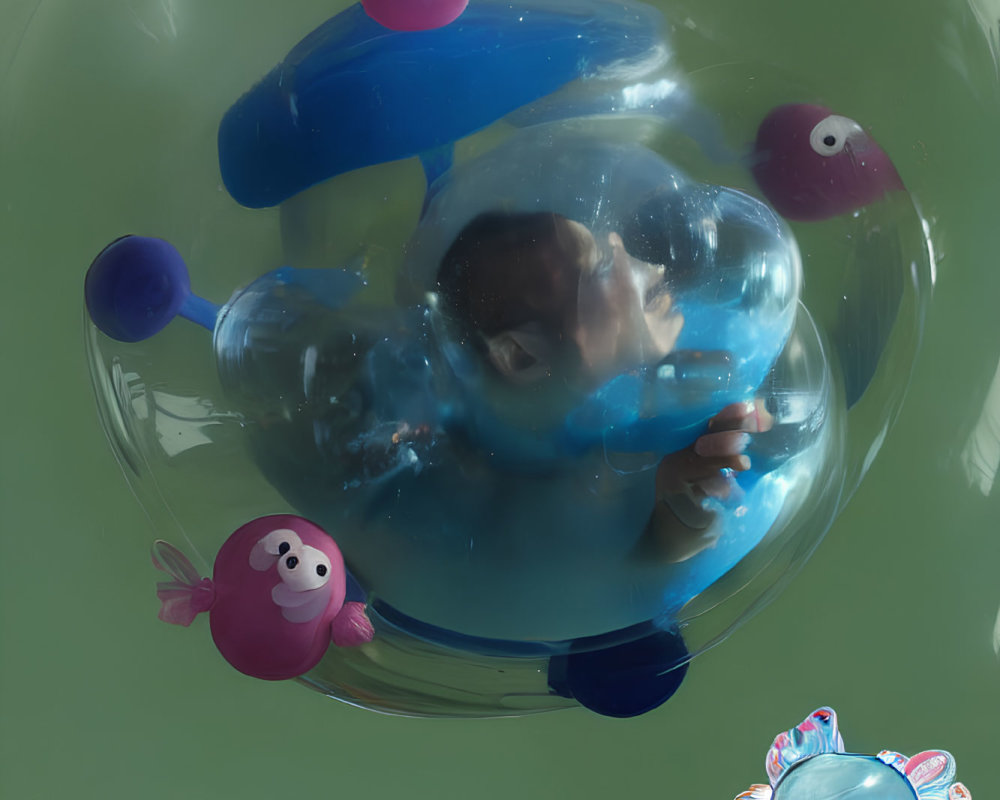 Person in Transparent Sphere with Colorful Balls in Fisheye View