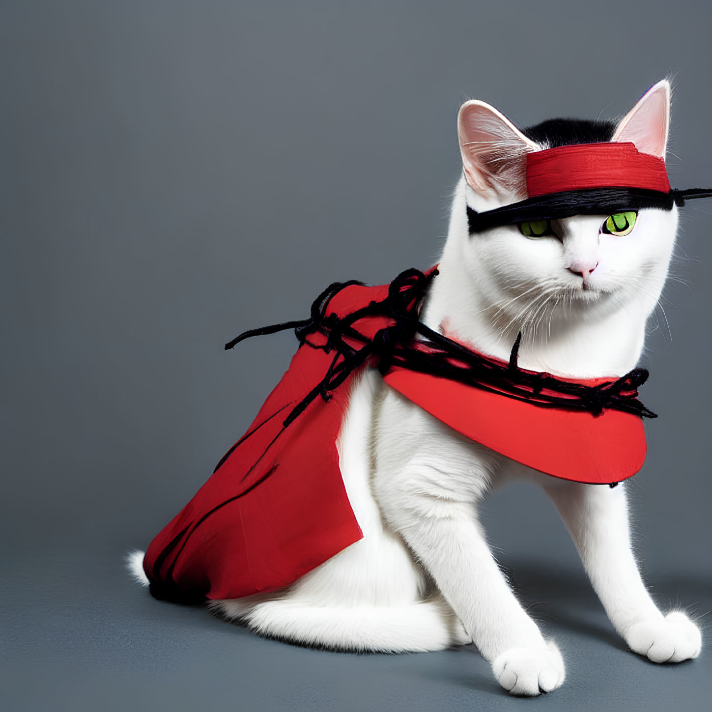 White Cat in Red Superhero Cape and Mask on Gray Background