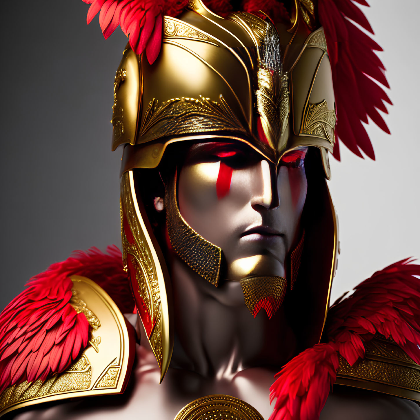 Regal warrior with gilded helmet and red feathered shoulders