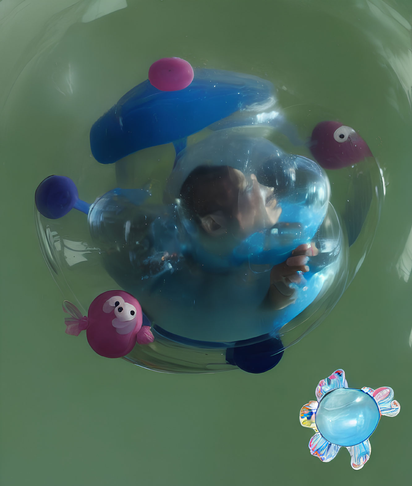 Person in Transparent Sphere with Colorful Balls in Fisheye View