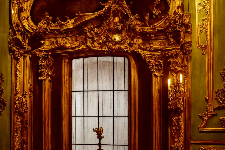 Intricate golden baroque doorway with tall arched window.