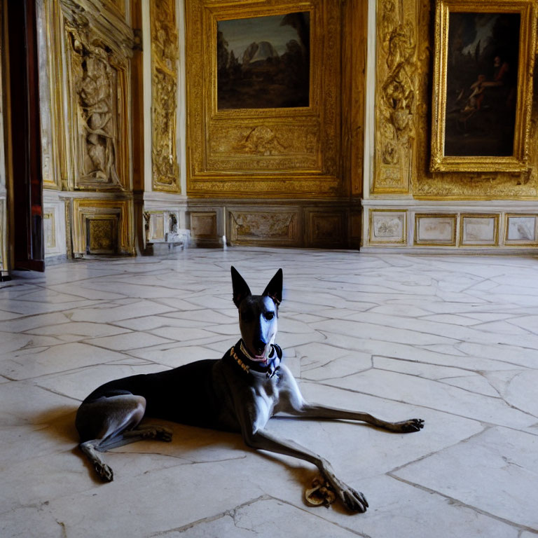 Black and white dog resting in ornate room with golden-framed artworks