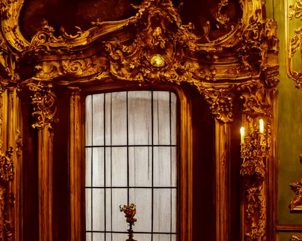 Intricate golden baroque doorway with tall arched window.