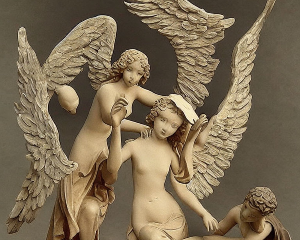 Classical-style angel statues with intricate wings on neutral background