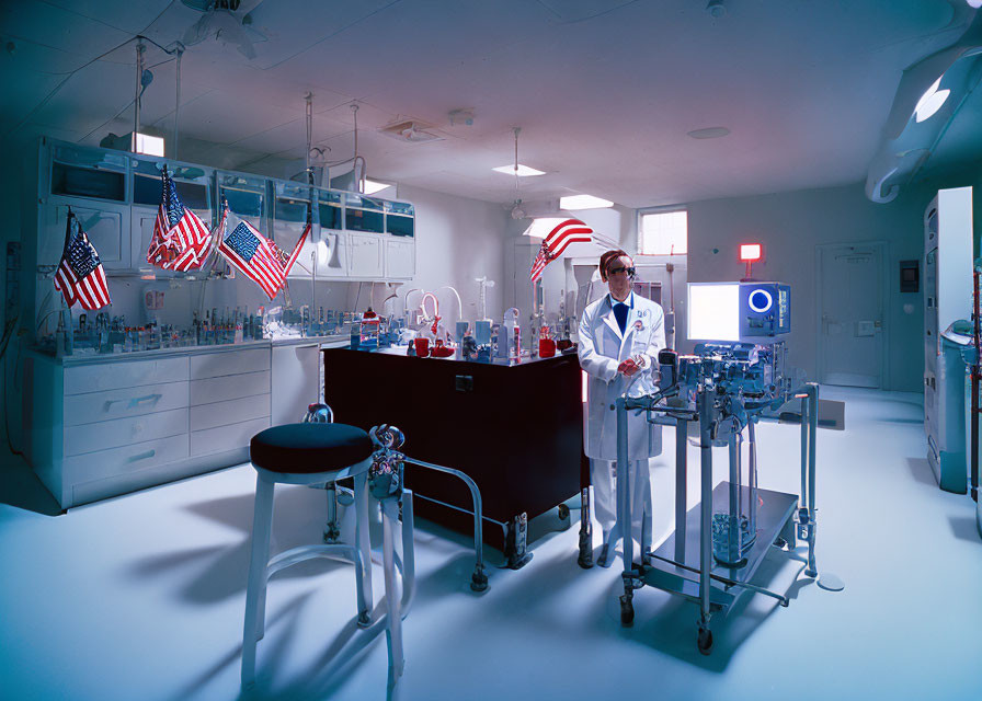 Scientist in white lab coat surrounded by laboratory equipment and American flags