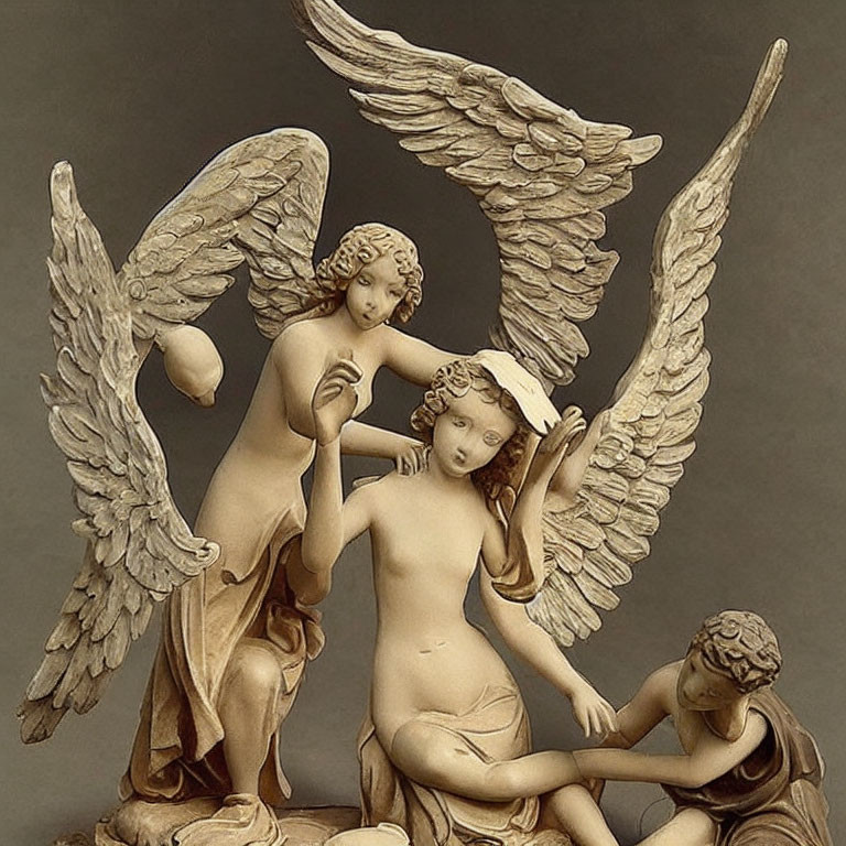 Classical-style angel statues with intricate wings on neutral background