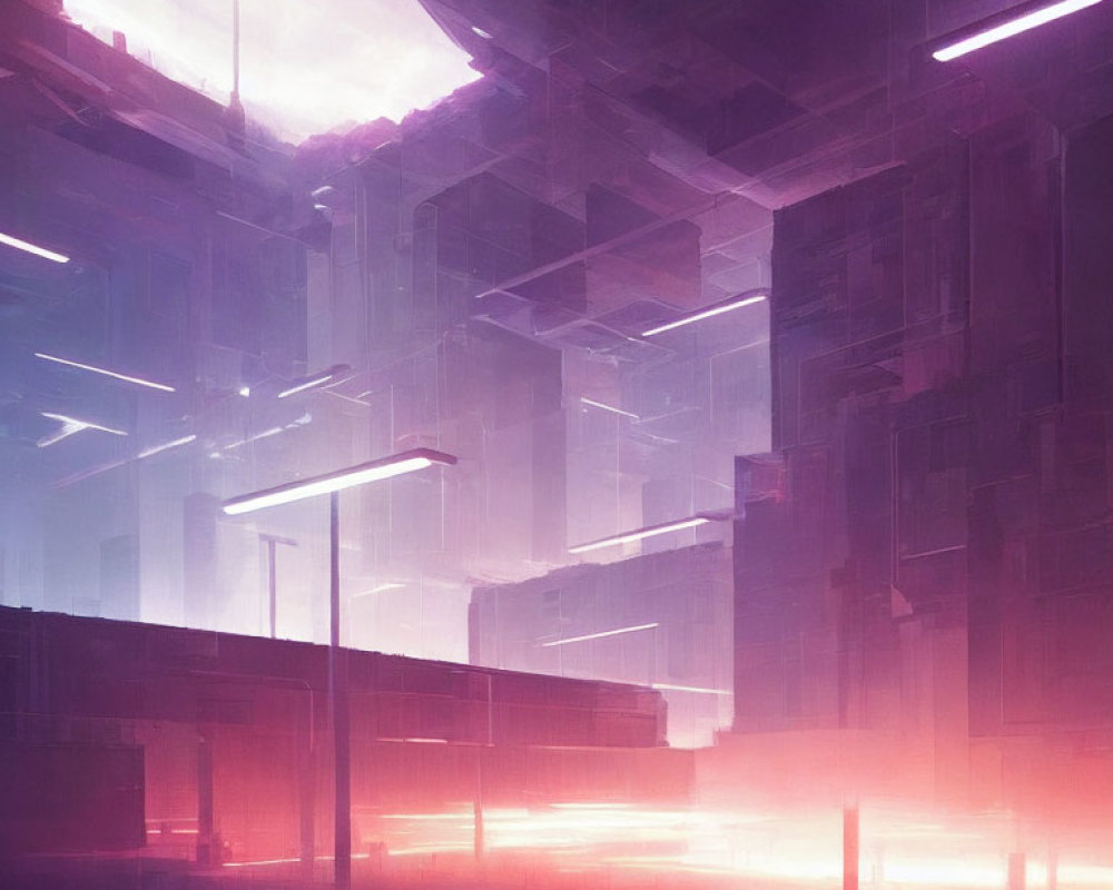 Futuristic cityscape with pink and purple haze and abstract architecture