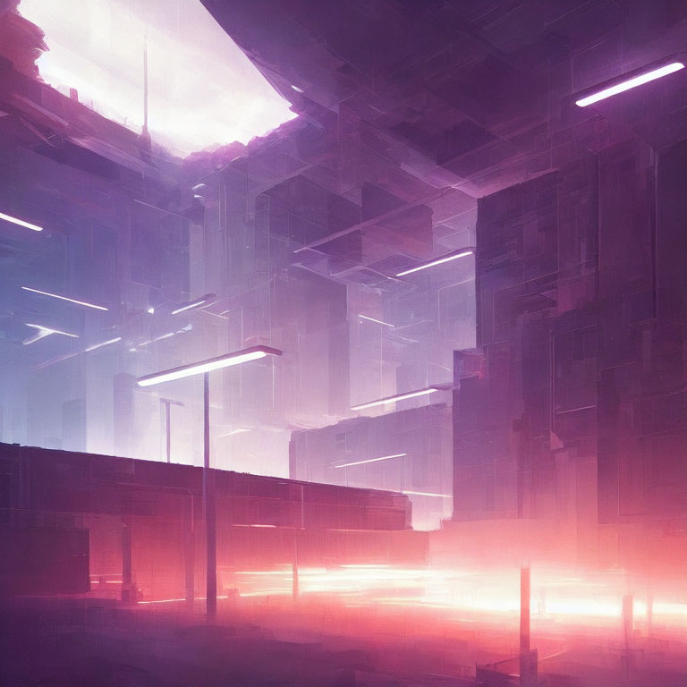 Futuristic cityscape with pink and purple haze and abstract architecture