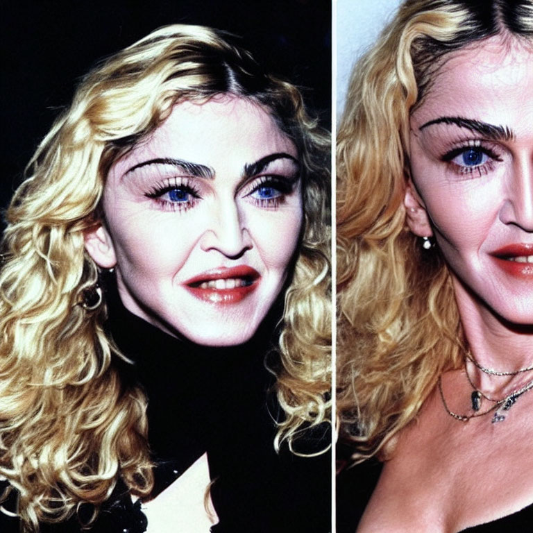 Split Image: Woman with Bold Makeup, Blond Curly Hair, Black Outfit