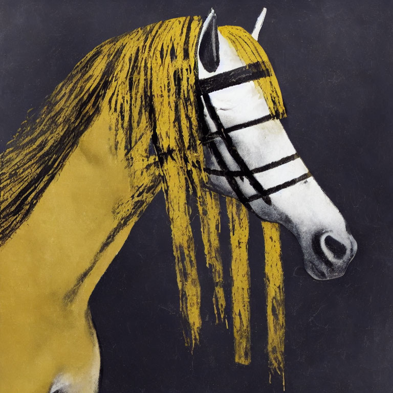 Yellow and Black Hand-Drawn Horse Head Illustration on Dark Background