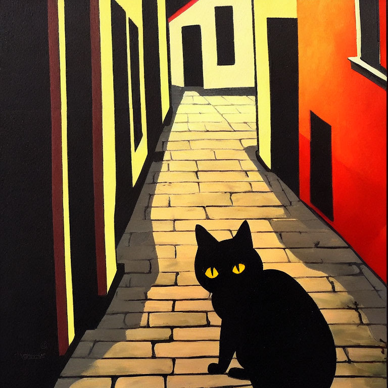 Stylized painting of black cat in colorful alley