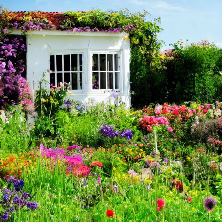 White Cottage Surrounded by Colorful Flowers and Greenery