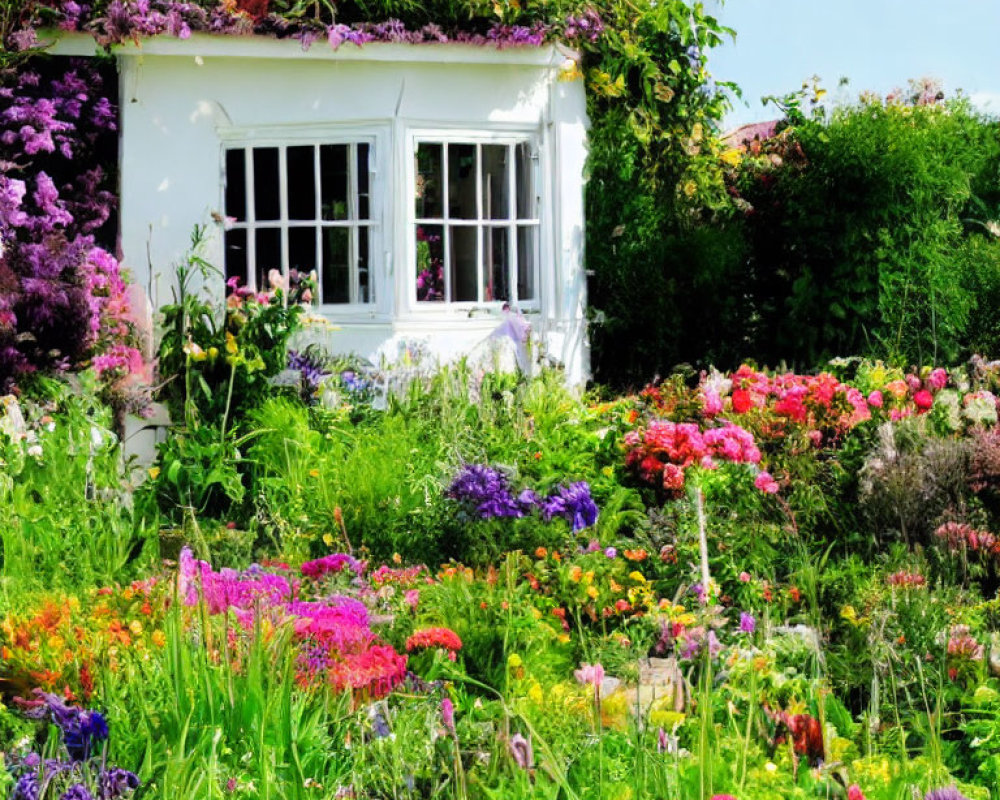 White Cottage Surrounded by Colorful Flowers and Greenery