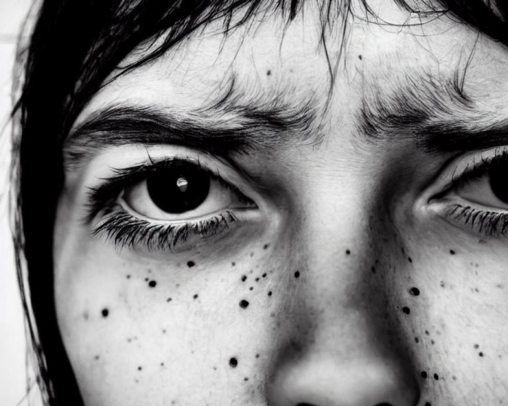 Detailed Close-Up of Person's Freckled Face with Intense Eyes