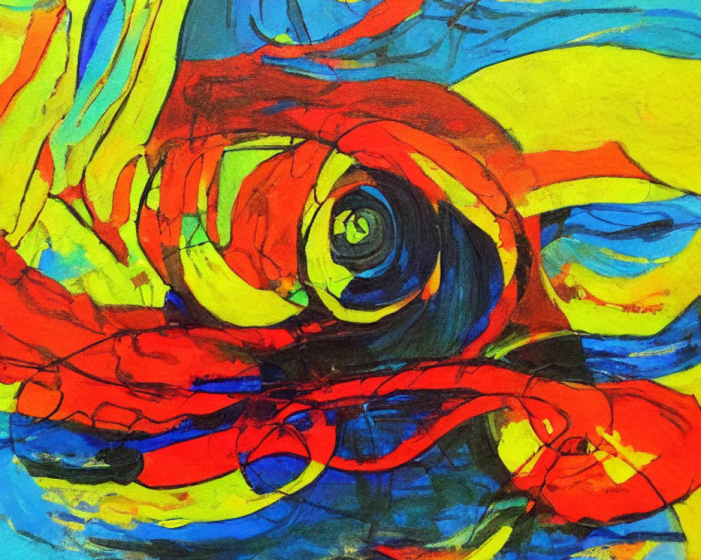 Colorful Abstract Painting with Red, Blue, Yellow Swirls