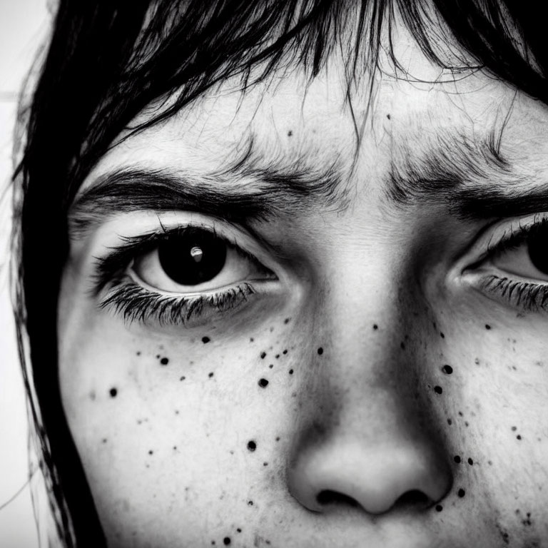 Detailed Close-Up of Person's Freckled Face with Intense Eyes