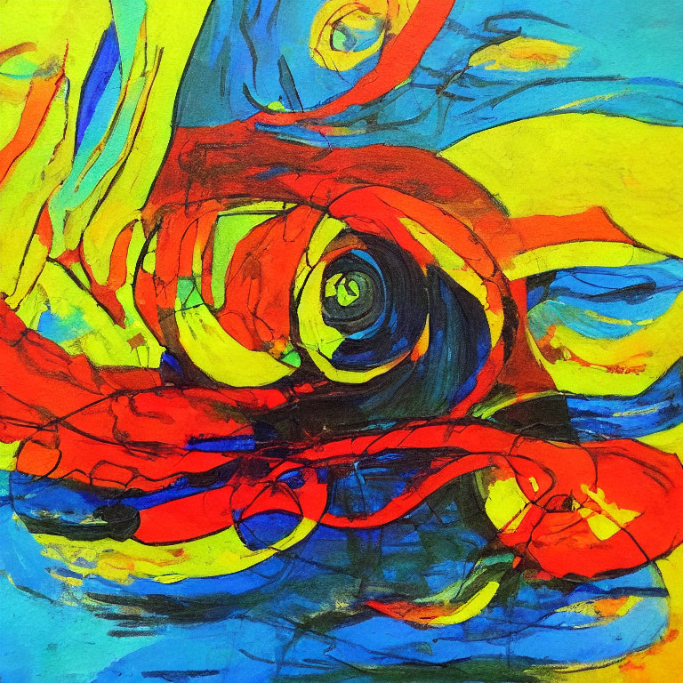 Colorful Abstract Painting with Red, Blue, Yellow Swirls