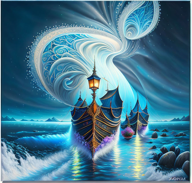Fantasy-style image: Ornate ships on glowing sea with swirling sky and lamp post.