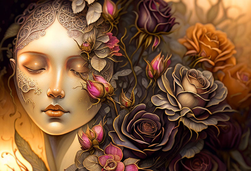 Serene female face with gold and purple floral patterns