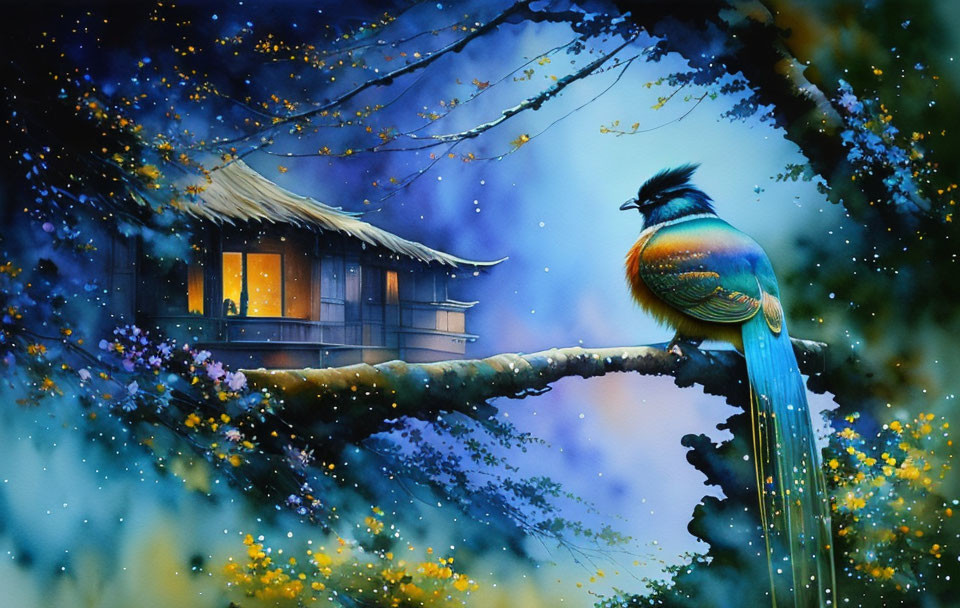 Colorful peacock on tree branch in night scene with glowing traditional house.