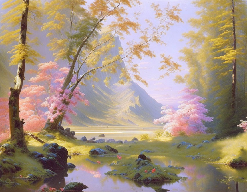 Vibrant pink and yellow fantasy landscape with mountain view