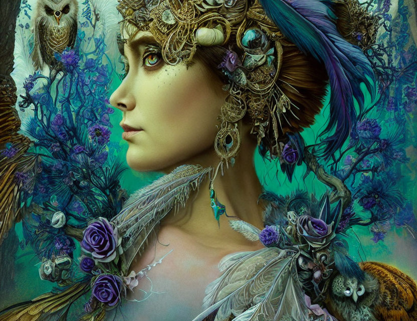 Ethereal portrait of a woman with feathers, gold jewelry, and purple flowers