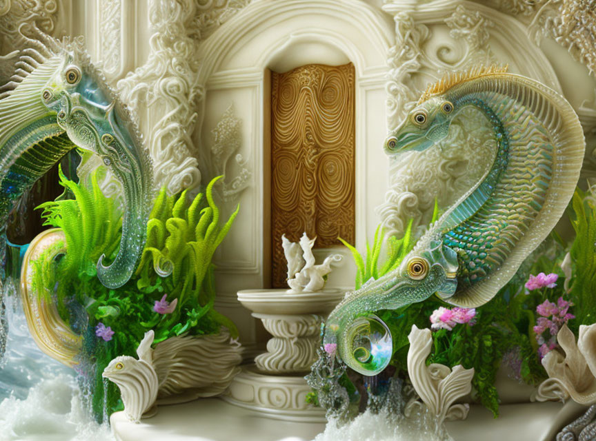 Ornate seahorses and intricate coral structures around an elegant baroque door