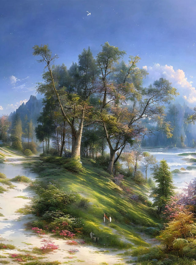 Tranquil landscape painting with greenery, couple walking, mountains