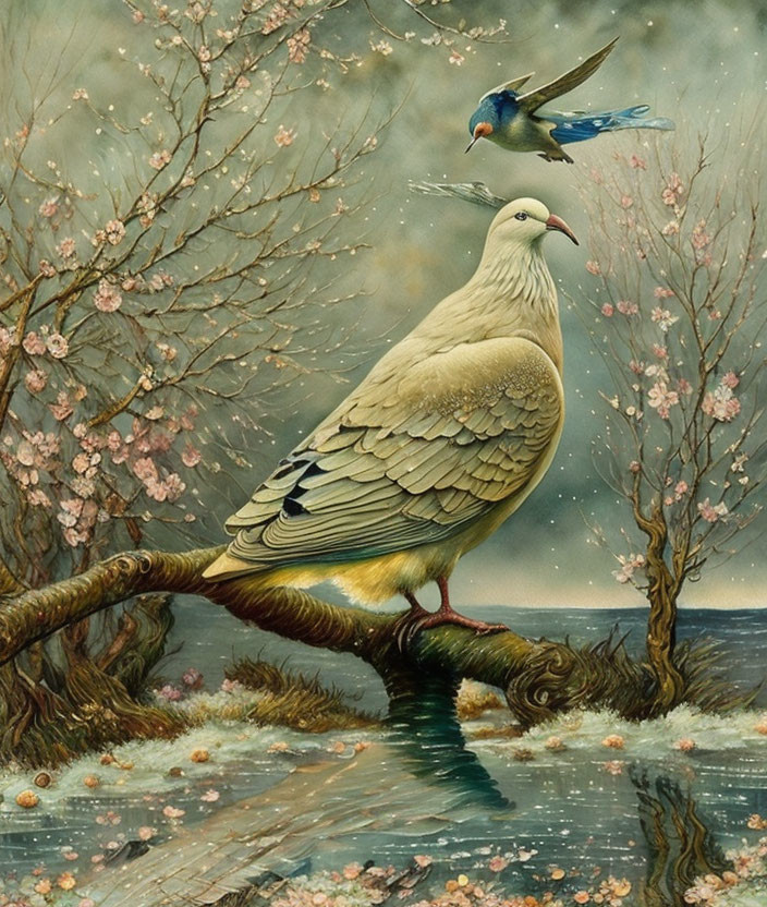 Illustrated pigeon on tree branch with cherry blossoms and flying bird